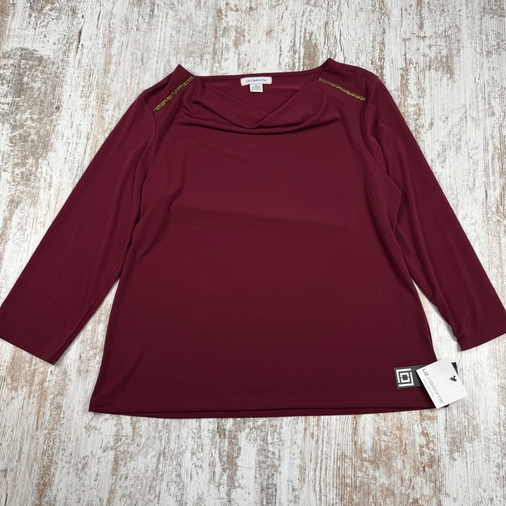 Liz Claiborne Deep Ruby Cowl Neck Top XL Gold Chain Shoulder Long Sleeve Blouse
